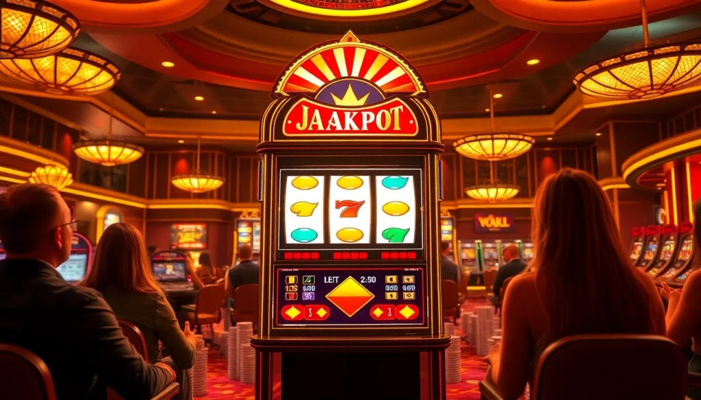 Rasakan sensasi Slot Depo 1K dengan suasana kasino mewah yang menampilkan mesin slot pemenang jackpot.