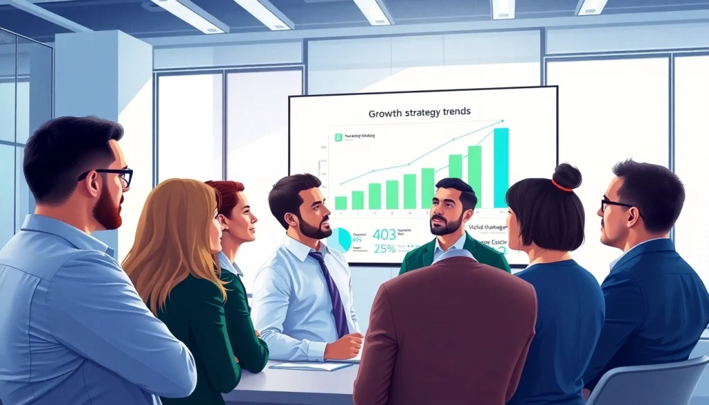 Illustration capturing a business team analyzing growth strategy trends in a modern setting.