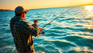 Angler engaged in saltwater fly fishing, casting over shimmering ocean waters at sunset.