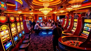 Experience the thrill of idnslot gaming at a luxurious casino with vibrant slot machines.