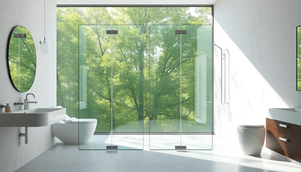 Stylish glass shower doors enhance a modern bathroom's appeal with bright lighting and clean design.
