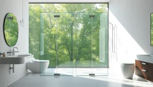 Stylish glass shower doors enhance a modern bathroom's appeal with bright lighting and clean design.