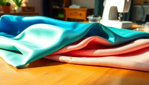 Bekijk verschillende kleuren tricot uni stoffen op een houten tafel.