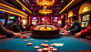 Pemain kasino merayakan kemenangan datuk win di meja poker mewah dikelilingi chip dan kartu.