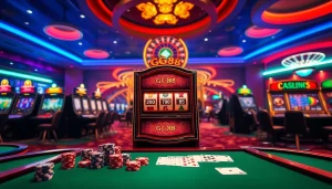 Engage with the thrilling gg88 slot machine experience in a vibrant casino environment, complete with poker chips and cards.