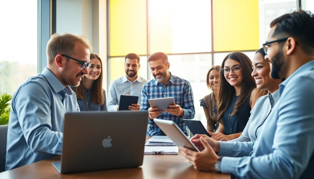 展示WPS官网用户在数字设备上协同工作的办公室场景。