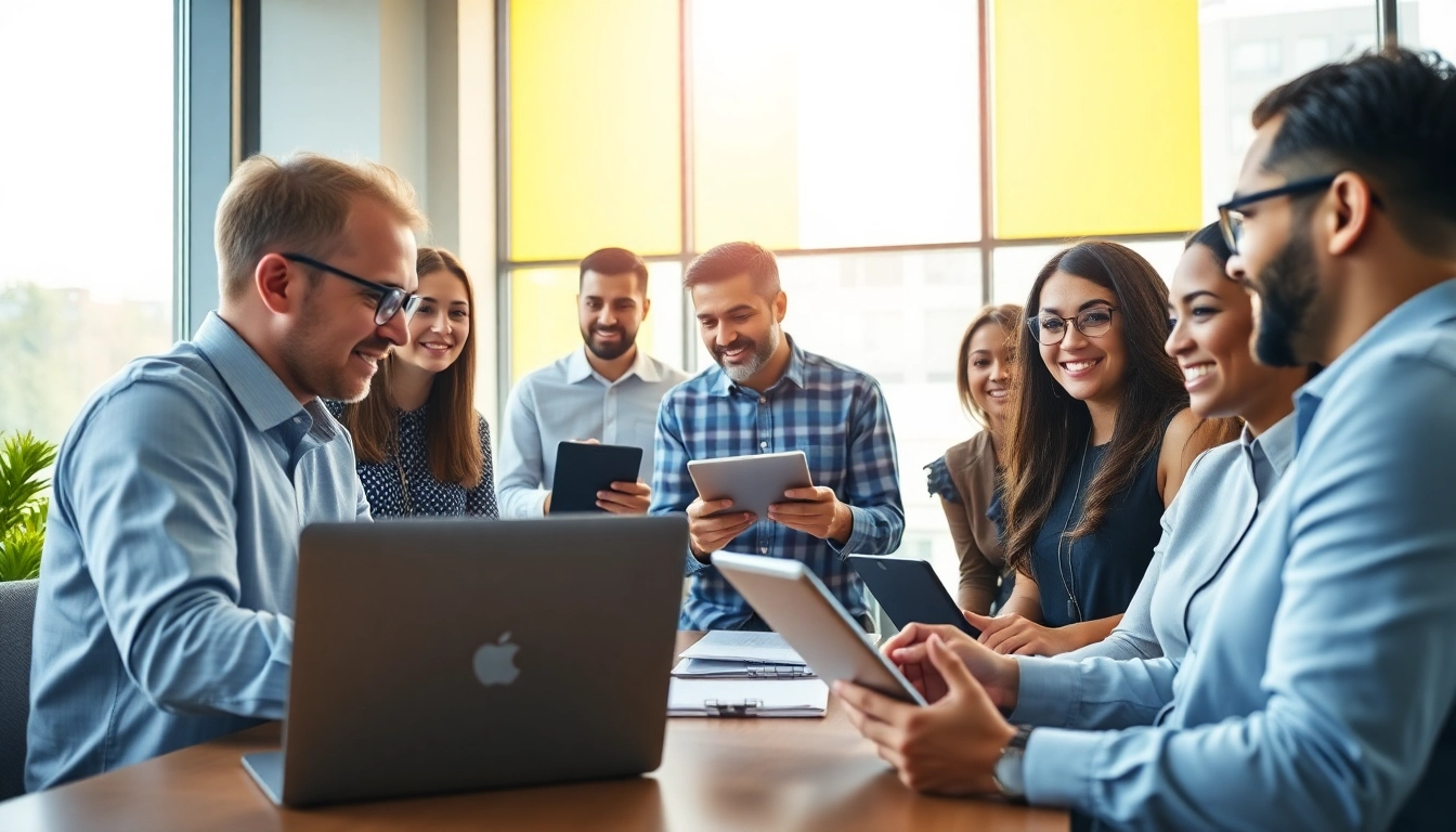 展示WPS官网用户在数字设备上协同工作的办公室场景。