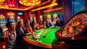 Win98 casino scene showcasing casino excitement with players around a vibrant gaming table.