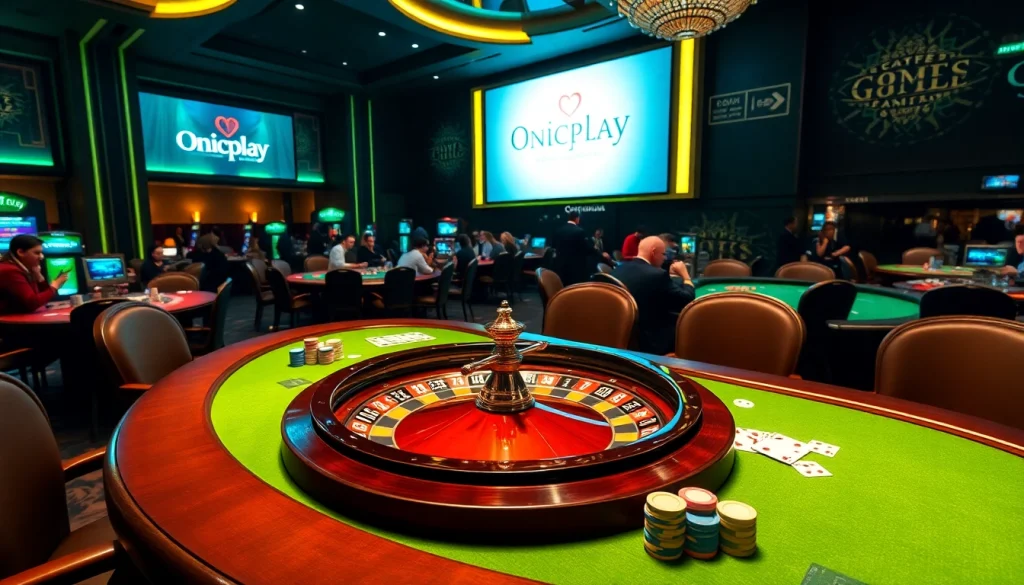 Players engaging at a vibrant Onicplay casino table filled with cards and chips.