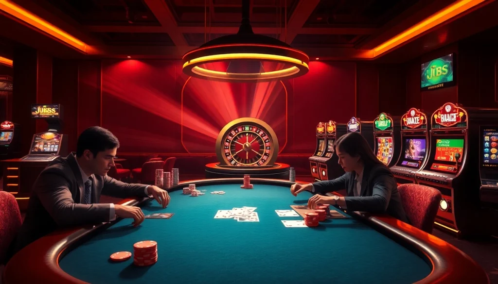 Engaging gambling scene showcasing J88 poker table with intense players