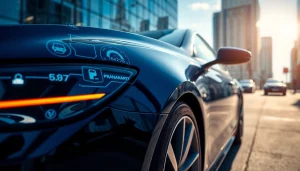 Visual representation of AI assisted auto warranty claims on a modern vehicle in a tech-savvy environment.