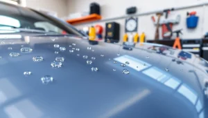 Ceramic coating near me showcased on a beautifully detailed car in a modern garage.