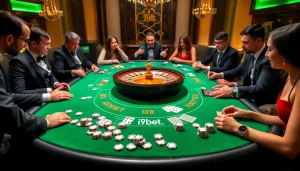 A vibrant i9bet. casino table with players engaged in thrilling roulette bets, highlighting excitement and luxury.