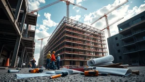 Austin construction project with diverse workers collaborating on a building, showcasing teamwork and urban development.