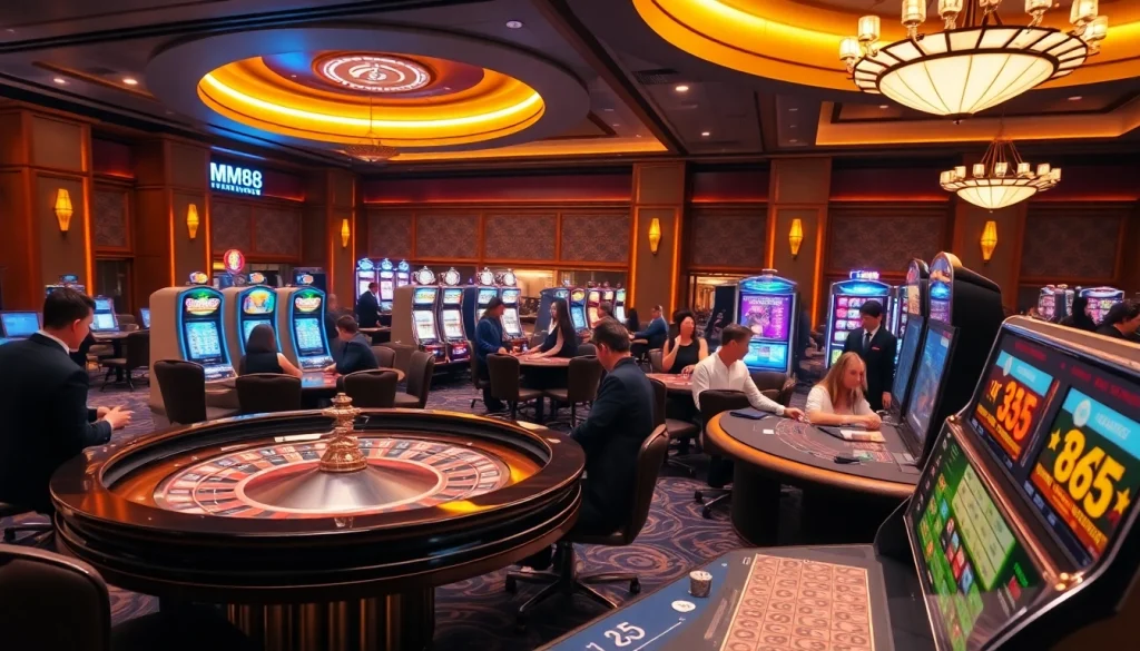 Experience the thrill of MM 88 with poker tables and vibrant slot machines in a luxurious casino setting.