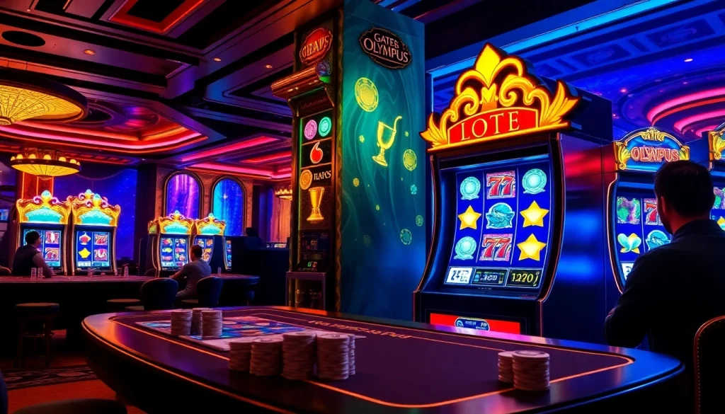 Spin the reels of the Olympus 1000 slot machine amidst a vibrant casino atmosphere.