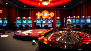 Vivez l'excitation du meilleur casino en ligne 2026 avec une scène de casino luxueuse mettant en vedette des jetons de poker et une roulette.