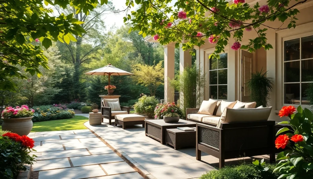 Experience Wellesley Outdoor Living with a serene outdoor space featuring elegant seating and vibrant nature.