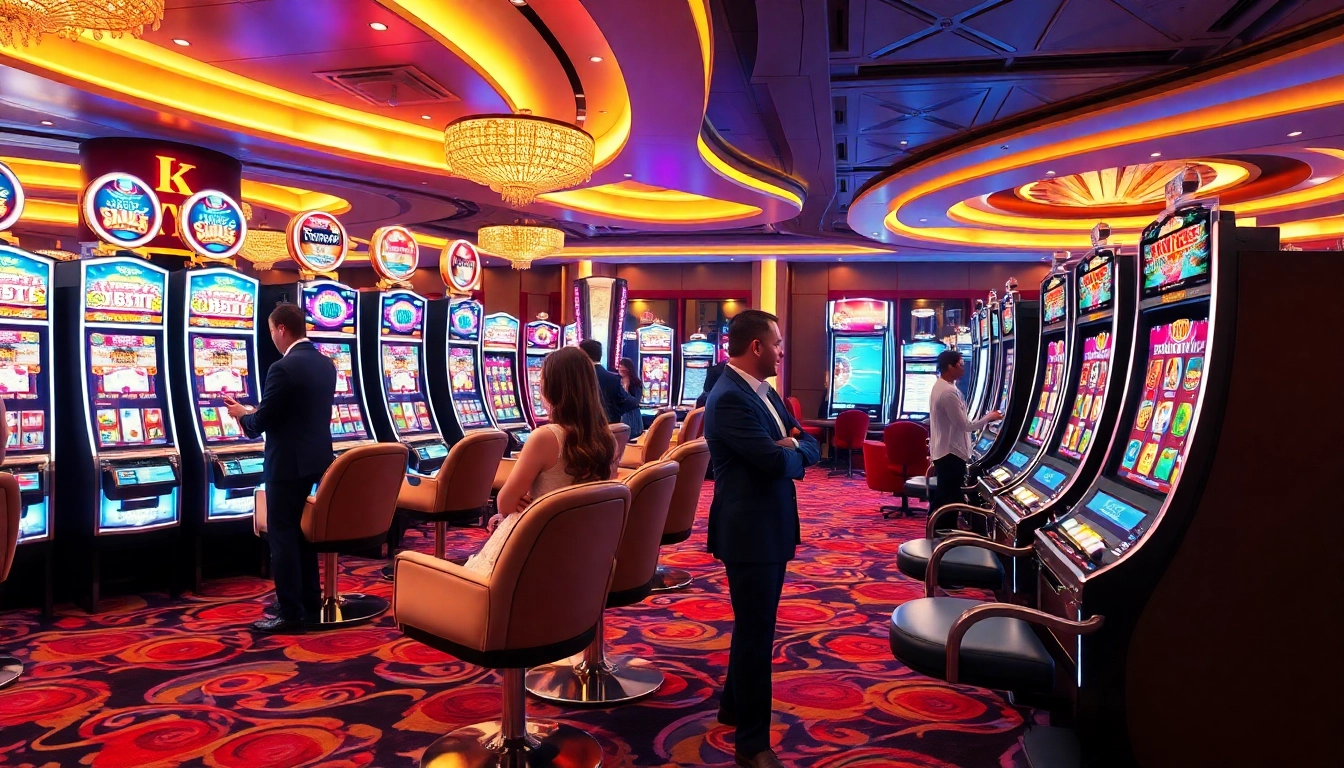 A scene featuring gamblers at a slot pragmatic gaming area, showcasing high-end slot machines and a vibrant casino atmosphere.