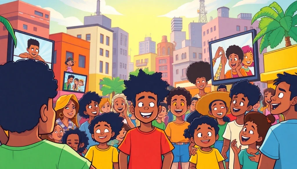 Engaging scene of viewers enjoying African American Cartoons on large screens, celebrating diversity.