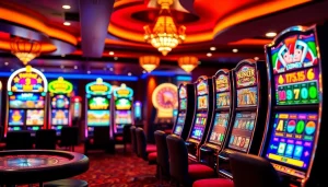 Situs slot gacor featuring lively slot machines showcasing maxwin payouts in an upscale casino environment