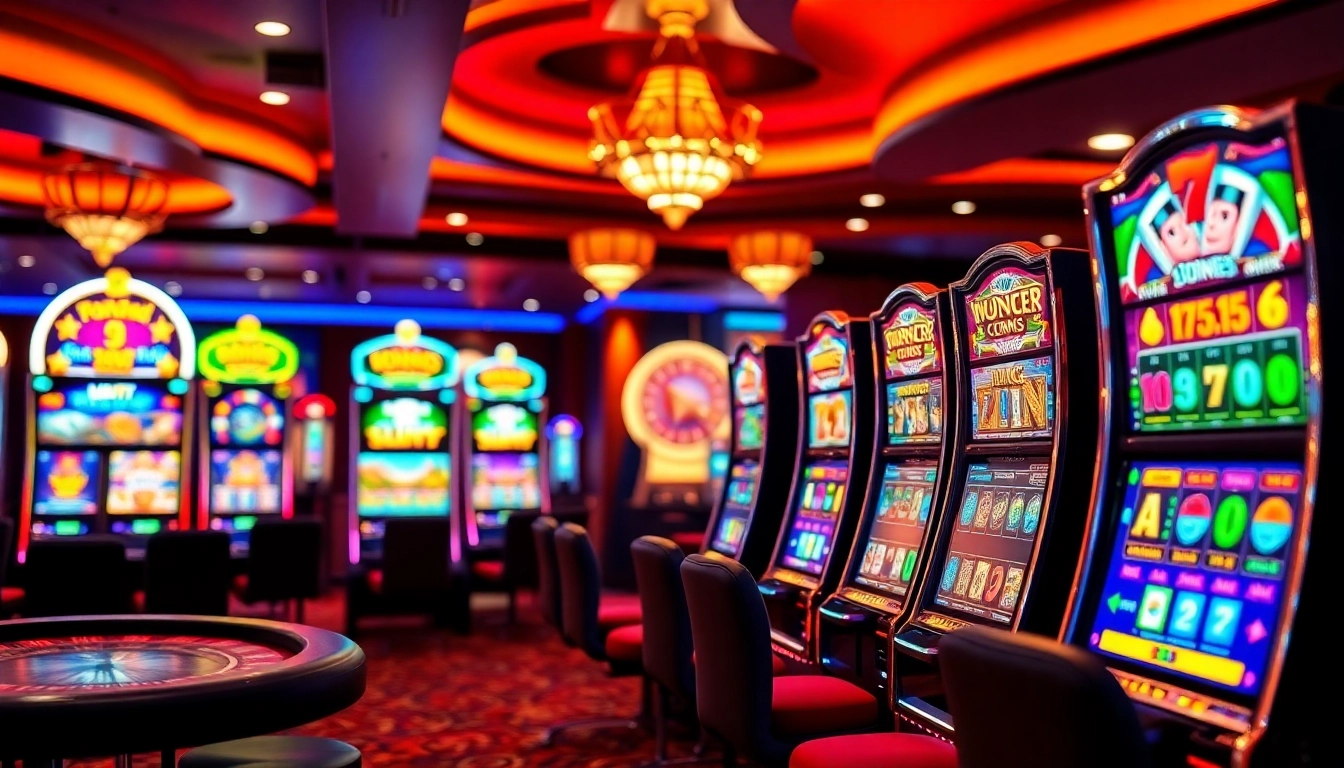 Situs slot gacor featuring lively slot machines showcasing maxwin payouts in an upscale casino environment