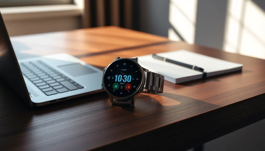 Showcasing the Finesse Smart Watch with health stats on a stylish desk setting.