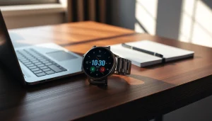 Showcasing the Finesse Smart Watch with health stats on a stylish desk setting.
