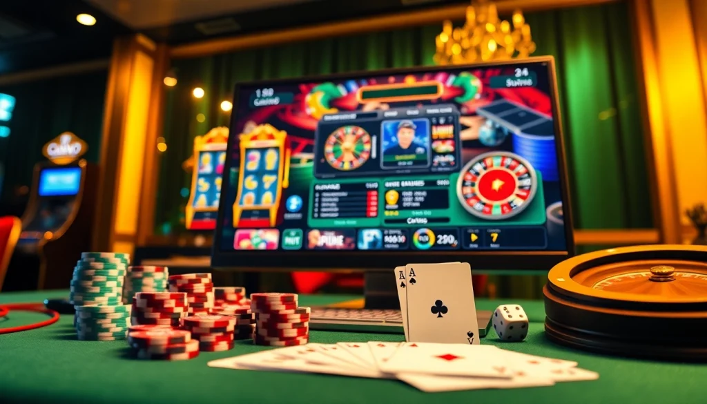 Cette image vibrante met en avant le casino en ligne France avec des machines à sous colorées, des jetons de poker et une interface utilisateur engageante.