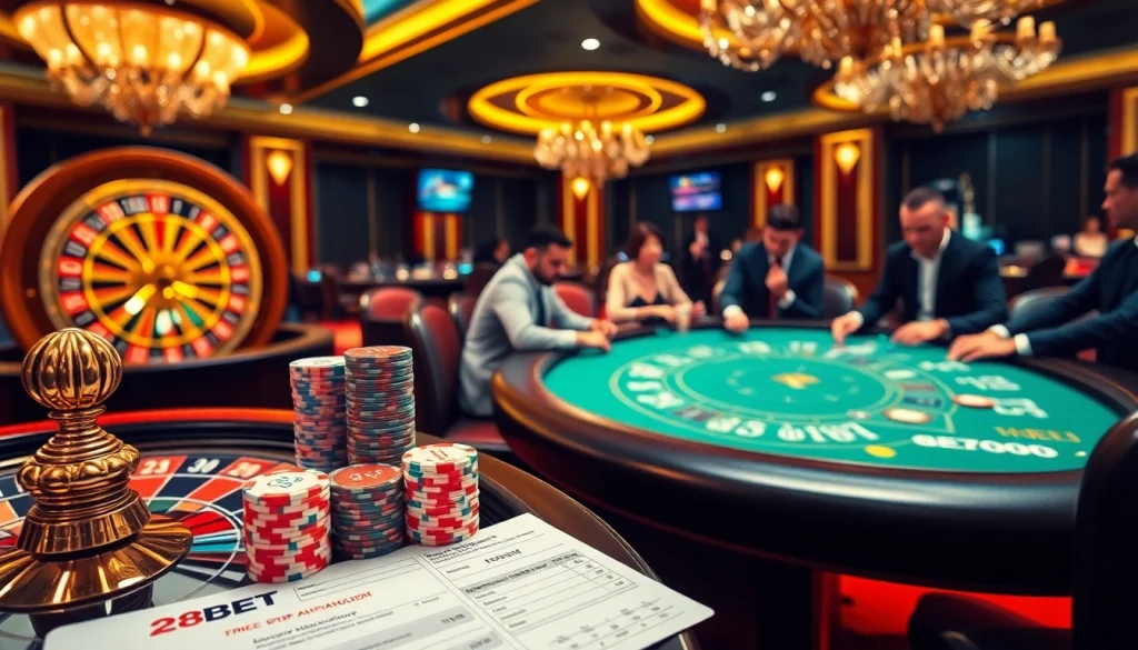 Experience the thrill of 28BET with poker chips, cards, and a roulette wheel in a luxurious casino setting.