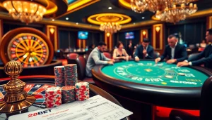 Experience the thrill of 28BET with poker chips, cards, and a roulette wheel in a luxurious casino setting.