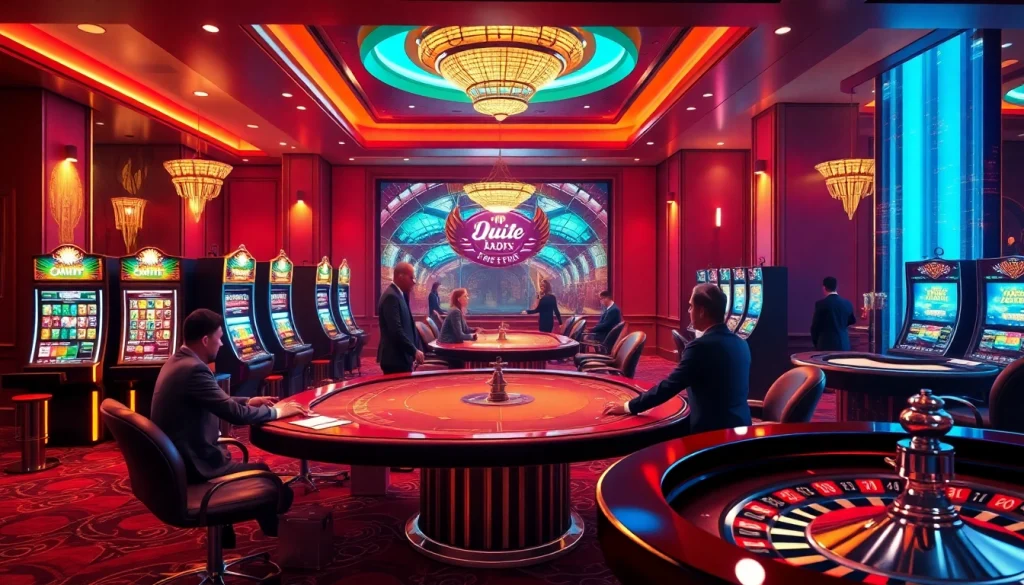 Découvrez l'excitation du meilleur casino en ligne 2026 avec une scène de casino dynamique mettant en avant le poker et les machines à sous.