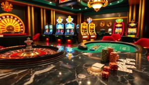 Une configuration de poker dynamique mettant en valeur l'expérience du meilleur casino en ligne 2026 avec des couleurs riches et des éléments de jeu captivants.