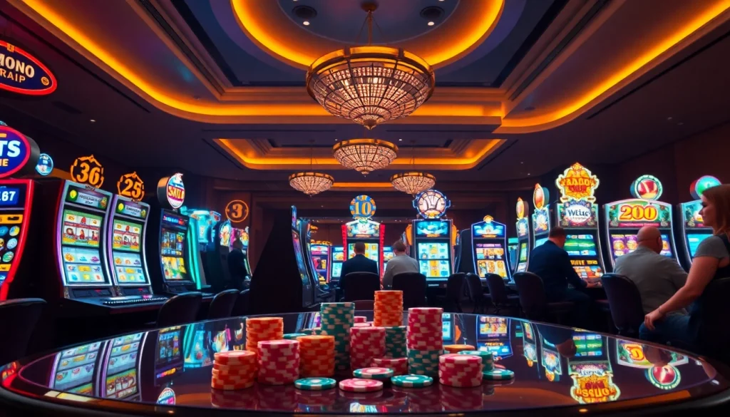Hoki77 menampilkan suasana kasino yang penuh warna dengan mesin slot menarik.