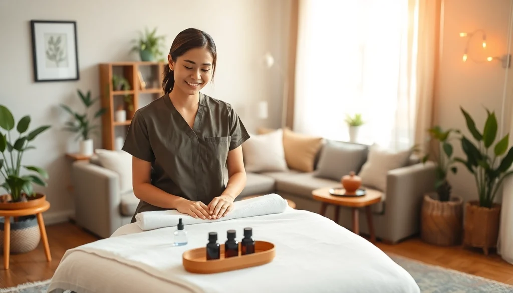 전문 치료사가 가정 방문 세션을 준비하는 아늑한 환경의 수원 출장마사지 세팅.