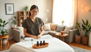 전문 치료사가 가정 방문 세션을 준비하는 아늑한 환경의 수원 출장마사지 세팅.