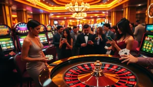 Gamers enjoying pg soft mobile slot interfaces in a luxurious casino setting.