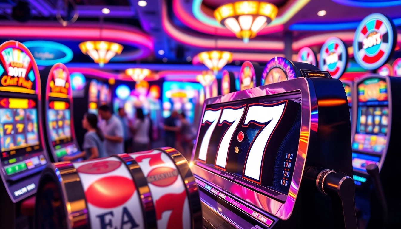 Engaging players at a vibrant slot 777 machine in a lively casino.