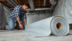 Vapor Barrier Installation in a crawl space by a professional, showcasing the installation process.