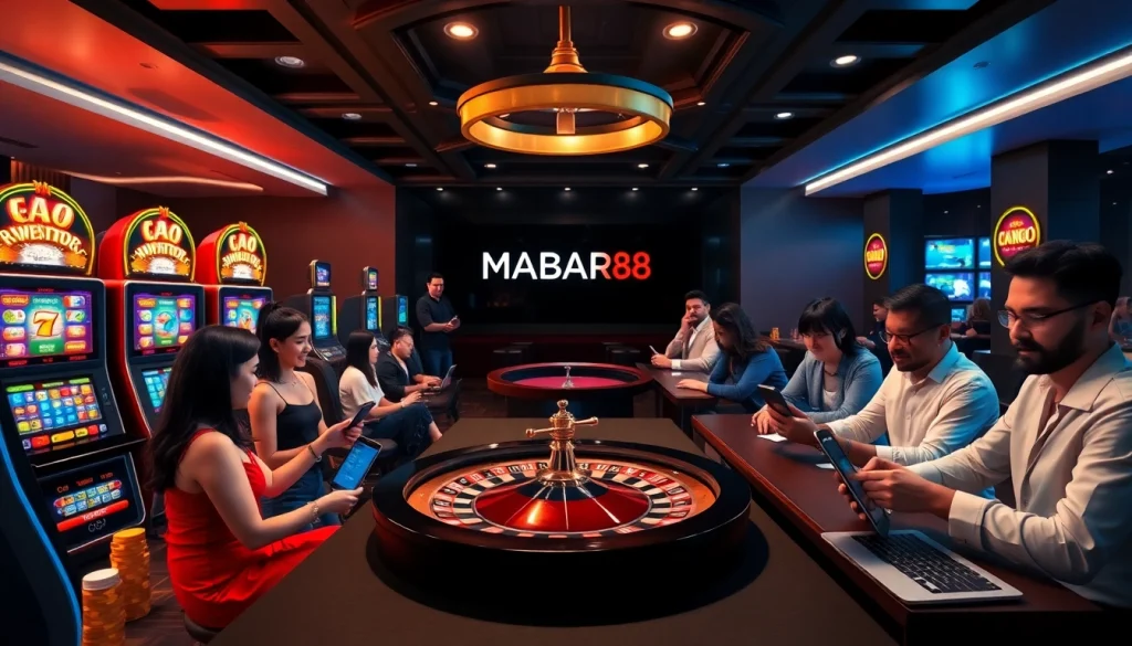 Adegan kasino online MABAR88 yang menampilkan pemain di mesin slot dan meja roulette.