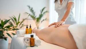 편안한 스파 분위기를 만들어주는 치료사가 부드러운 뒷마사지를 적용하는 마사지 치료 장면.