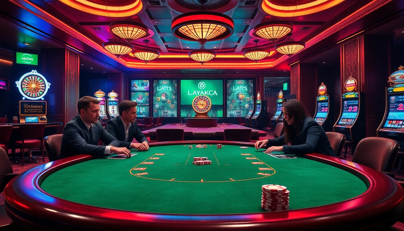 Experience luxury gambling at a vibrant online casino with layarkaca21, featuring poker tables and colorful chips.