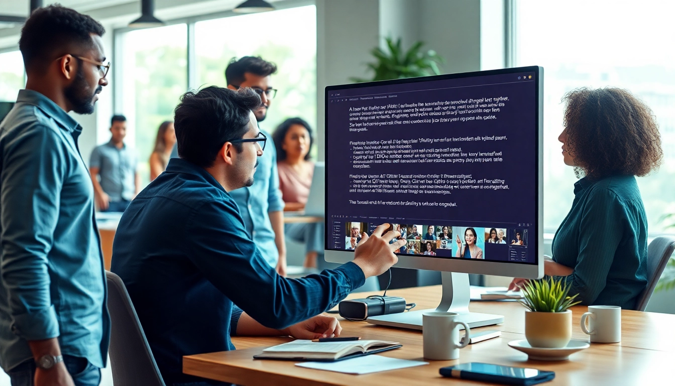 Engaged professionals using a video to promptgenerator in a modern workspace, analyzing video content.
