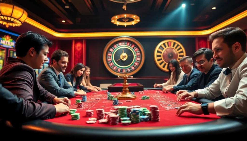 Players enthusiastically gamble at MM88.com, showcasing gaming excitement with colorful poker chips and roulette.