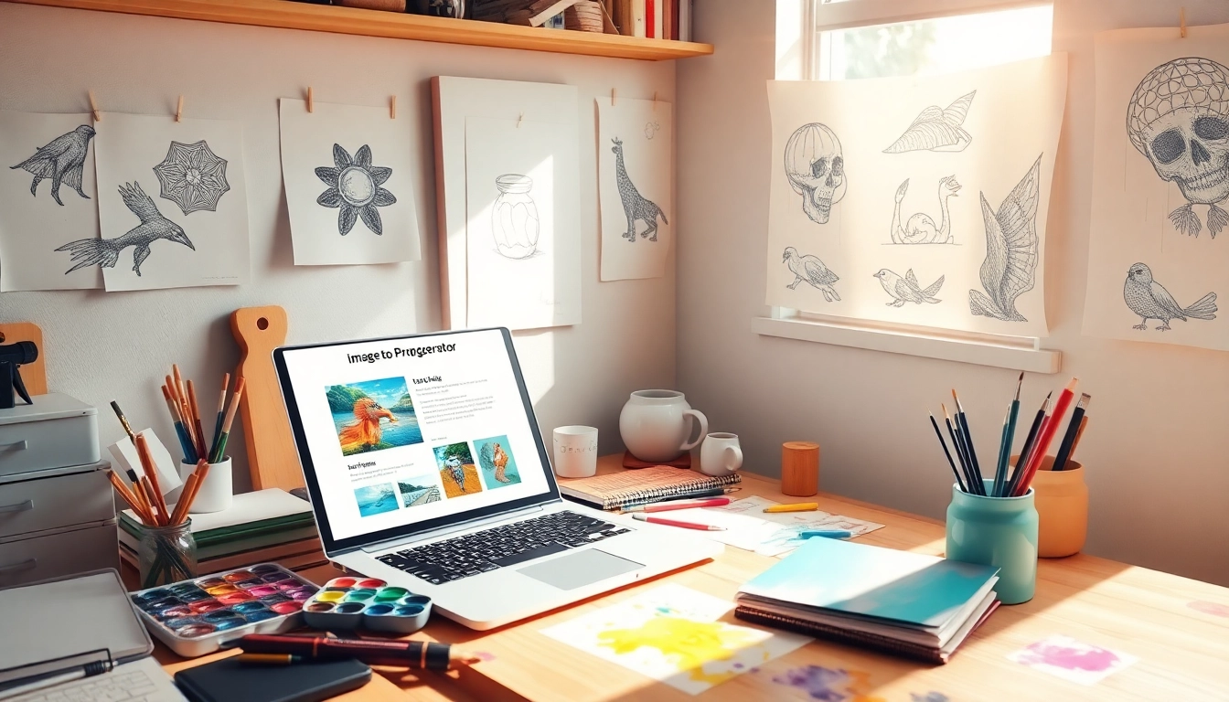 Image to prompt generator tool showcased in a vibrant creative workspace