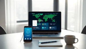 在现代笔记本电脑上显示的快连VPN界面，展示全球互联与安全。