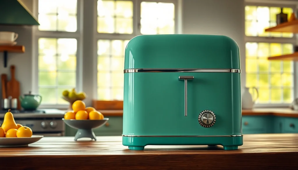 Enhance your kitchen's charm with a stylish retro appliance featuring chrome accents and mint green color.