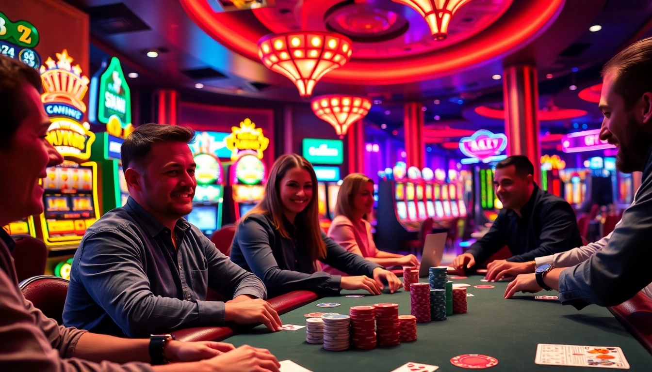 Engaged players at a Non gamstop casino Uk enjoying poker and slots in a vibrant atmosphere.