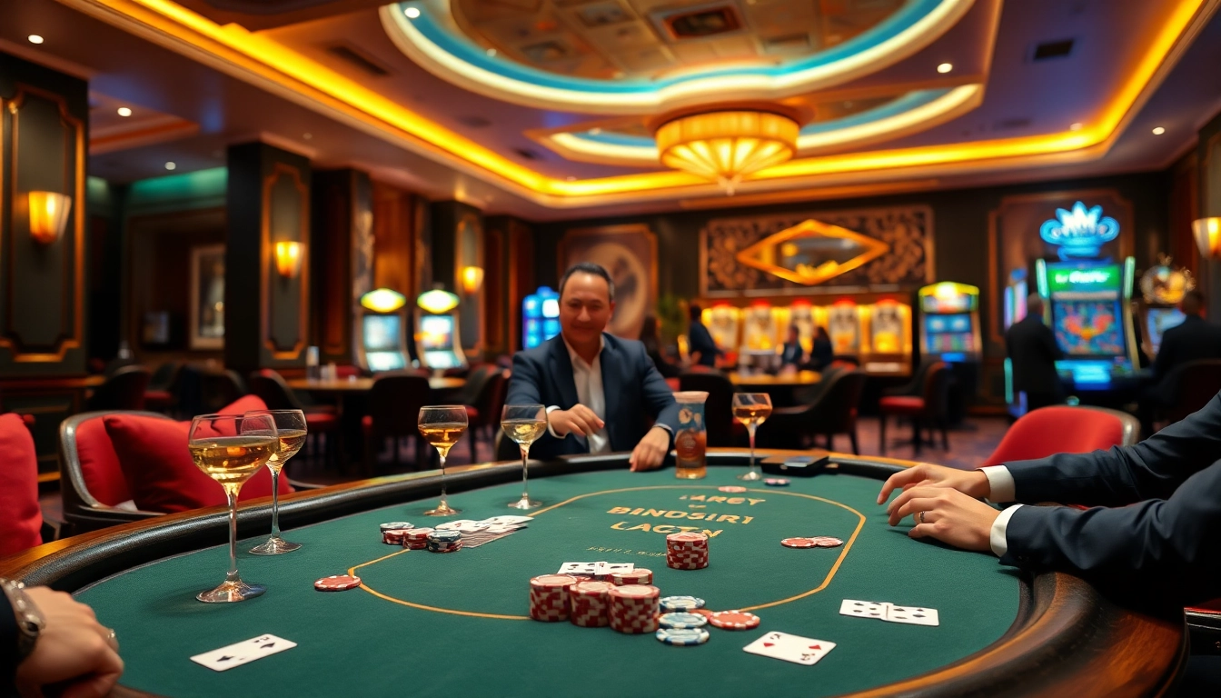Engaging scene of a Non gamstop Casino Uk with players at a poker table surrounded by vibrant casino ambiance.