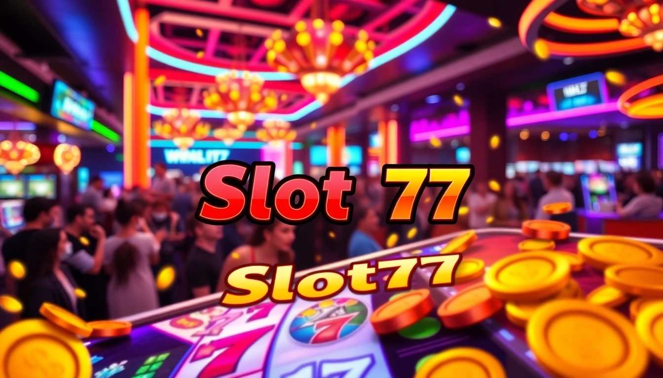 Menu permainan Slot77 yang menarik dengan simbol cerah dan suasana kasino yang dinamis.